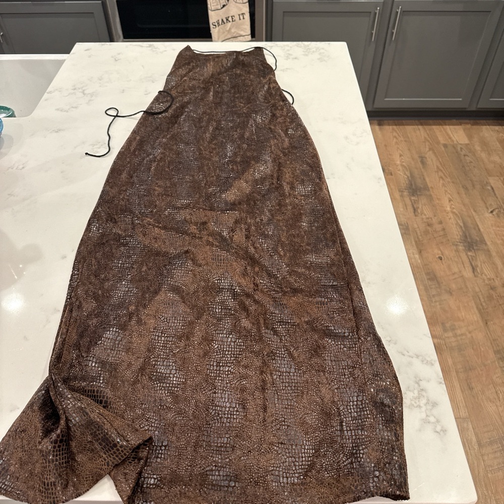 Hugo Buscati Brown Sheer Maxi Dress with Fringe Detail